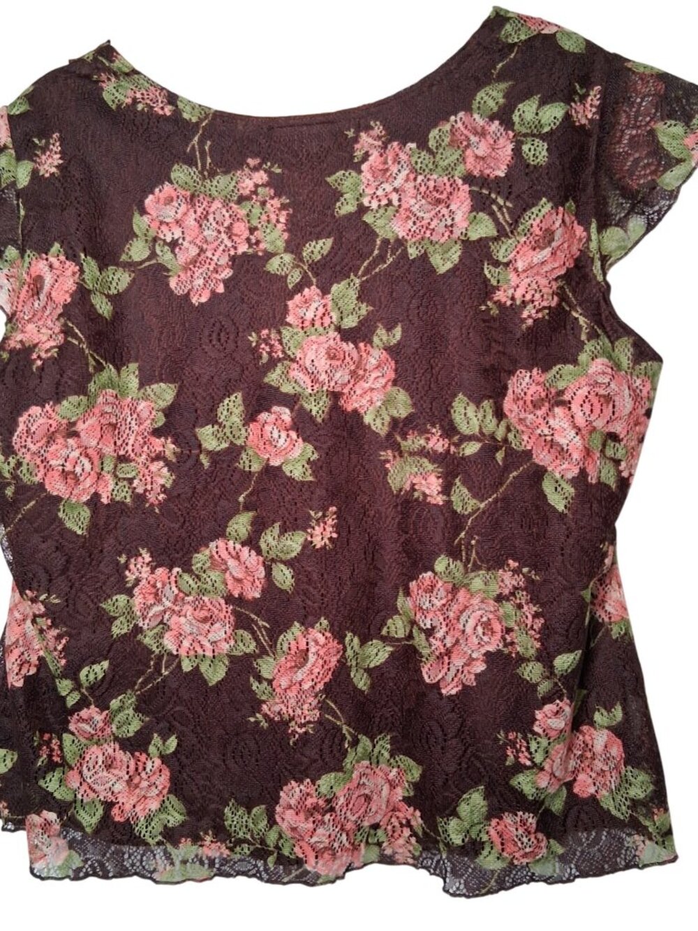 Vintage Y2K First Option Babydoll Top 14/16 Brown Pink Roses Fairy Whimsical - Picture 2 of 16